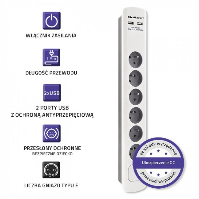 Qoltec 50294 surge protector White-grey 6 AC outlet(s) 230 V 1.8 m Qoltec 50294 surge protector White-grey 6 AC outlet(s) 230 V 1.8 m