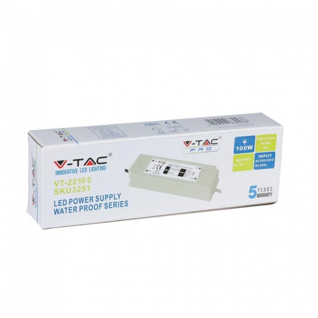 LED power supply V-TAC VT-22105 100W 12V 8A IP67 EMI filter (SKU 3251) White LED power supply V-TAC VT-22105 100W 12V 8A IP67 EMI filter (SKU 3251) White