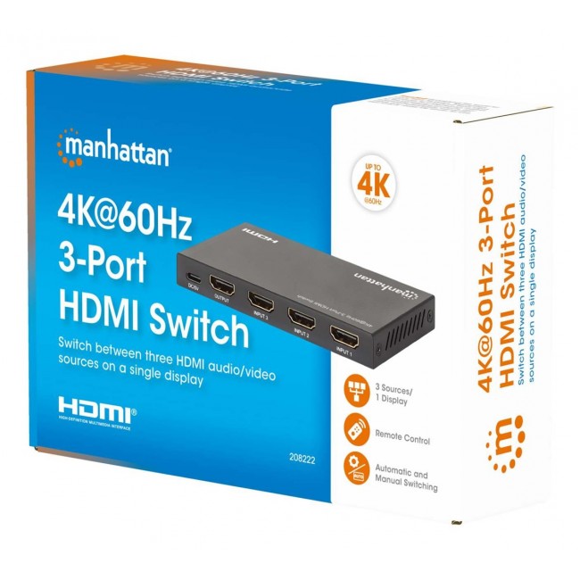 Manhattan 4K@60Hz 3-Port HDMI Switch, Switches Between Three HDMI Inputs on One HDMI Output (3x1), 18G, Automatic and Manual Switching, IR Remote Control, Black