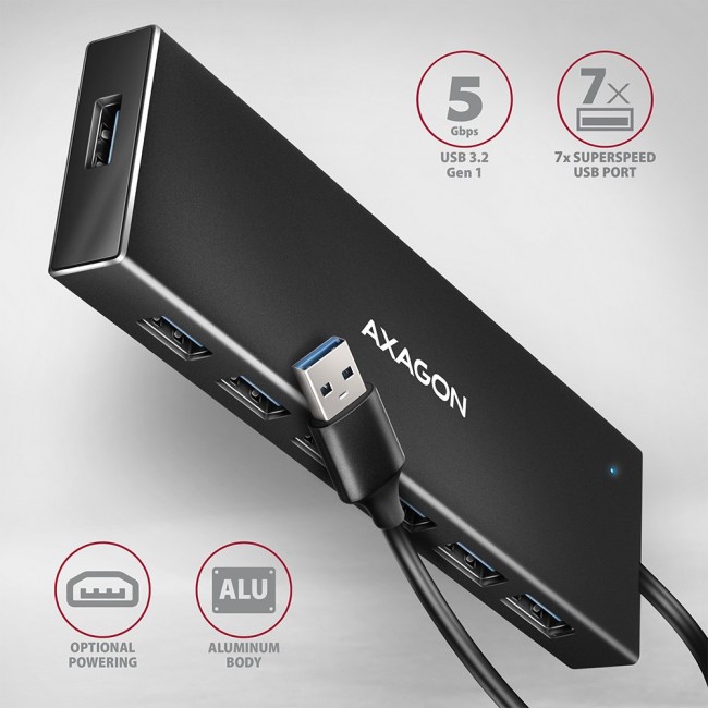 Axagon HUE-F7A 7x USB 3.2 Gen 1 ALU FLAT hub micro power IN 1m USB-A USB 3.2 Gen 1 (3.1 Gen 1) Type-A 5000 Mbit/s Black