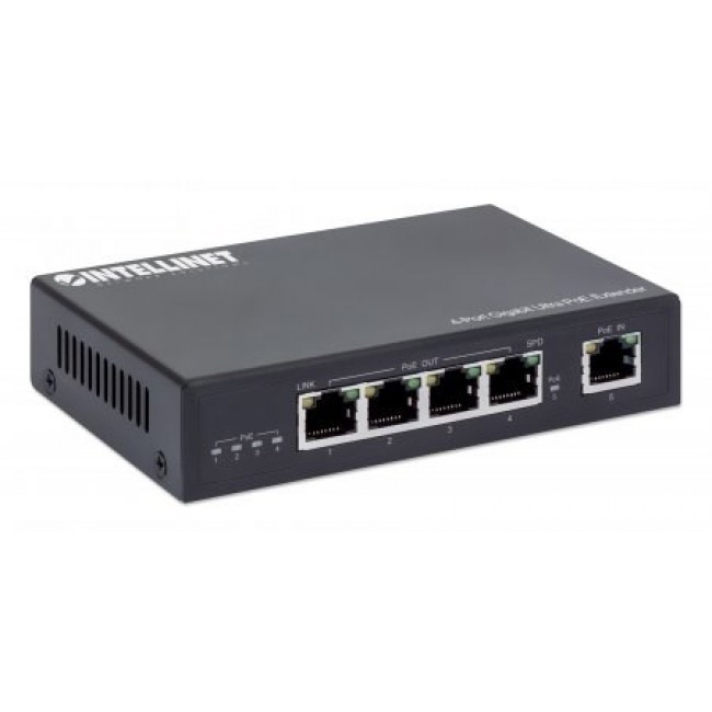 Intellinet 4-Port Gigabit Ultra PoE Extender, Adds up to 100 m (328 ft.) to PoE Range, 90 W PoE Power Budget, Four PSE Ports with up to 30 W Output, IEEE 802.3bt/at/af Compliant, Metal Housing