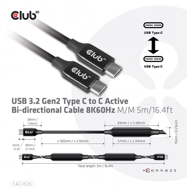 CLUB3D USB 3.2 Gen2 Type C to C Active Bi-directional Cable 8K60Hz M/M 5m/16.4ft CLUB3D USB 3.2 Gen2 Type C to C Active Bi-directional Cable 8K60Hz M/M 5m/16.4ft