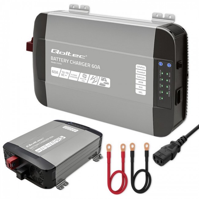 Qoltec Smart Professional Monolith Battery Charger for LiFePO4 AGM GEL SLA batteries | 60A | 12V | Fast charging