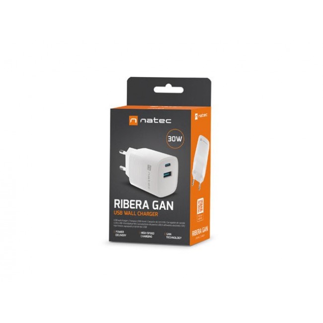 NATEC RIBERA GAN CHARGER 1X USB-A + 1X USB-C 30W WHITE NATEC RIBERA GAN CHARGER 1X USB-A + 1X USB-C 30W WHITE