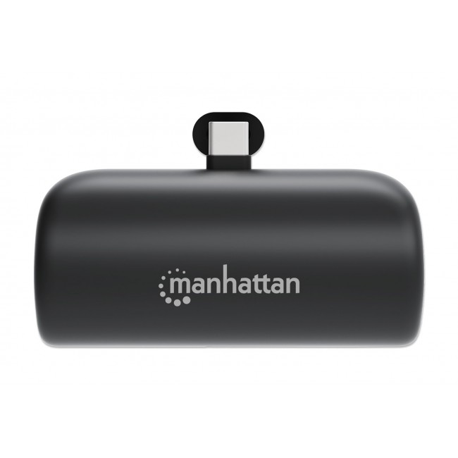 Manhattan Power Bank with integrated USB-C plug, 5000 mAh, Up to 20W output, Kickstand for Use as Charging Phone Holder, Black, One Year Warranty