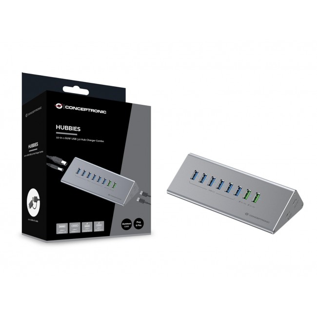 Conceptronic HUBBIES18G 10-in-1 60W USB 3.0 Hub Charger Combo, 2-in-1 USB-C USB-A Cable, USB 3.2 Gen 1