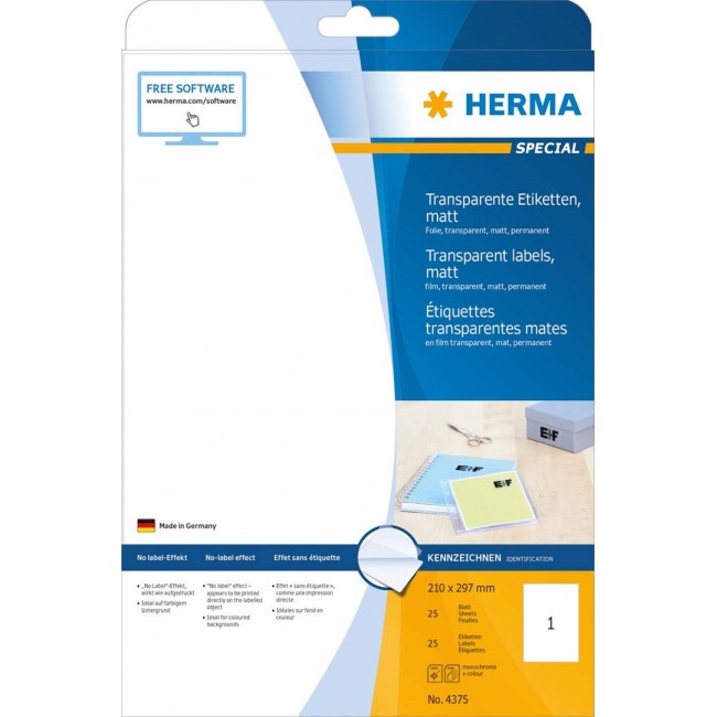 HERMA Labels transparent matt A4 210x297 mm film 25 pcs.