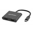 Manhattan USB-C to Dual HDMI and USB-A Adapter, Dual 4K@30Hz or Single 4K@60Hz, USB 2.0 USB-A Port (480 Mbps), Up to 100W USB-C Power Delivery Pass-Through, 15cm Cable, Black, Three Year Warranty