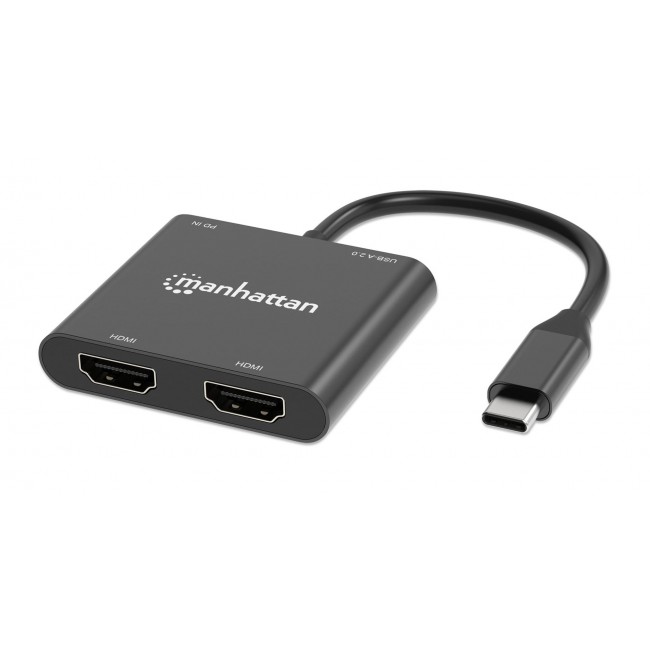 Manhattan USB-C to Dual HDMI and USB-A Adapter, Dual 4K@30Hz or Single 4K@60Hz, USB 2.0 USB-A Port (480 Mbps), Up to 100W USB-C Power Delivery Pass-Through, 15cm Cable, Black, Three Year Warranty