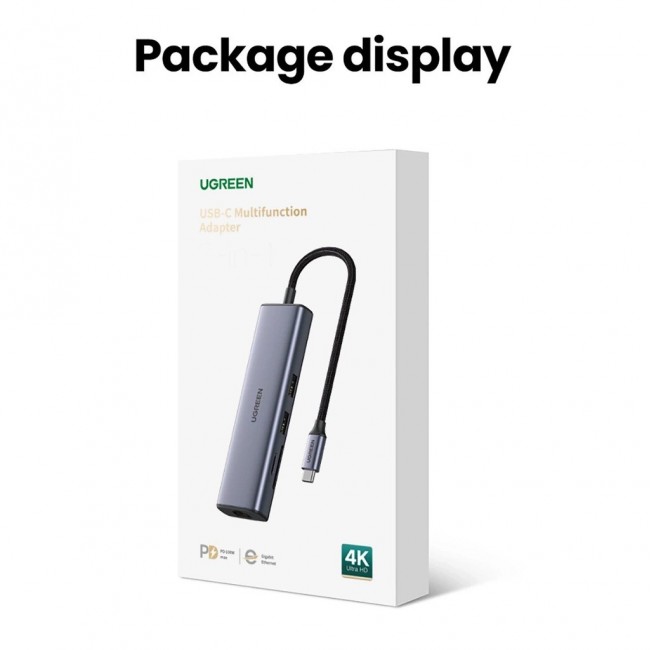 Ugreen CM512 90568 USB-C adapter 2 USB-A 3.0 / HDMI / RJ45 / SD and TF card reader / USB-C PD 100 W Grey