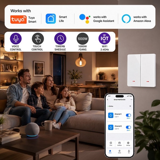 Qoltec 52706 Smart 2-Gang Light Switch | Wi-Fi | Timer | Tuya | Smart life | White