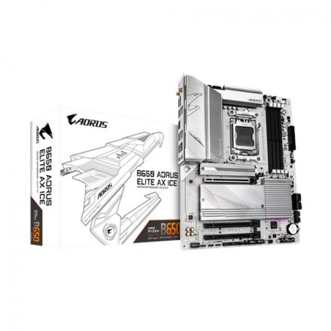 Gigabyte B650 AORUS ELITE AX ICE Motherboard - Supports AMD Ryzen 8000 CPUs, 12+2+2 Phases Digital VRM, up to 8000MHz DDR5 (OC), 1xPCIe 5.0 + 2xPCIe 4.0 M.2, Wi-Fi 6E, 2.5GbE LAN, USB 3.2 Gen 2 Gigabyte B650 AORUS ELITE AX ICE Motherboard - Supports AMD Ryzen 8000 CPUs, 12+2+2 Phases Digital VRM, up to 8000MHz DDR5 (OC), 1xPCIe 5.0 + 2xPCIe 4.0 M.2, Wi-Fi 6E, 2.5GbE LAN, USB 3.2 Gen 2