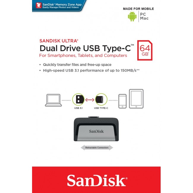 Sandisk Ultra Dual Drive USB Type-C USB flash drive 64 GB USB Type-A / USB Type-C 3.2 Gen 1 (3.1 Gen 1) Black,Silver Sandisk Ultra Dual Drive USB Type-C USB flash drive 64 GB USB Type-A / USB Type-C 3.2 Gen 1 (3.1 Gen 1) Black,Silver