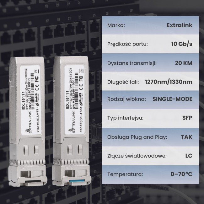 Extralink SFP+ 10G | SFP+ WDM Module | 10Gbps 1270/1330nm, single mode, 20km, LC, DOM, pair, dedicated to HP/ARUBA
