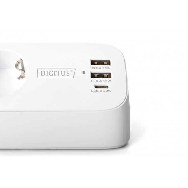 Digitus 3-way office socket strip with 2x USB-A and 1x USB-C connections, white