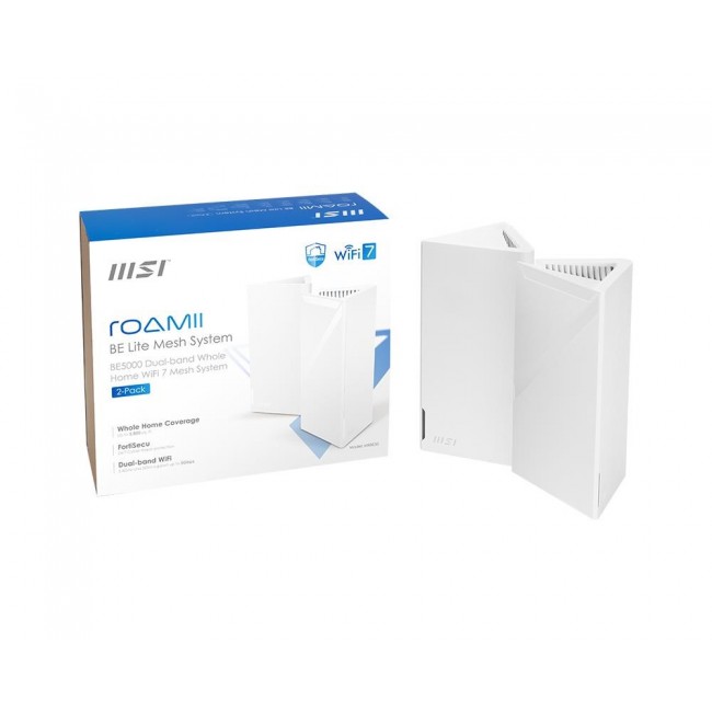 MSI Roamii BE Lite Mesh System 2-pack Dual-band (2.4 GHz / 5 GHz) Wi-Fi 7 (802.11be) White 3 Internal MSI Roamii BE Lite Mesh System 2-pack Dual-band (2.4 GHz / 5 GHz) Wi-Fi 7 (802.11be) White 3 Internal