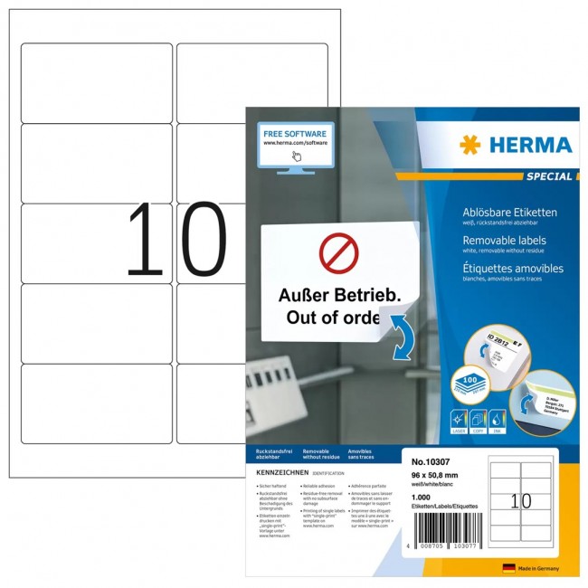 HERMA Repositionable address labels A4 96x50.8 mm white Movables paper matt 1000 pcs. HERMA Repositionable address labels A4 96x50.8 mm white Movables paper matt 1000 pcs.