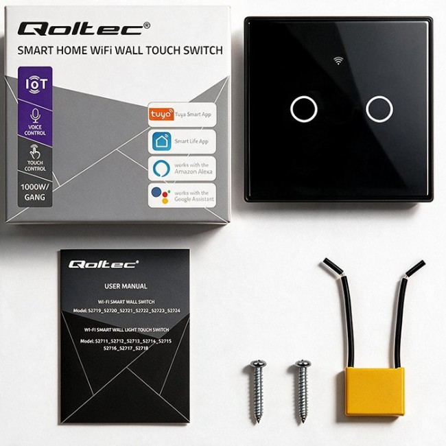 Qoltec 52712 Smart Touch 2-Gang Light Switch | Wi-Fi | Timer | Tuya | Smart Life | Tempered Glass | Black