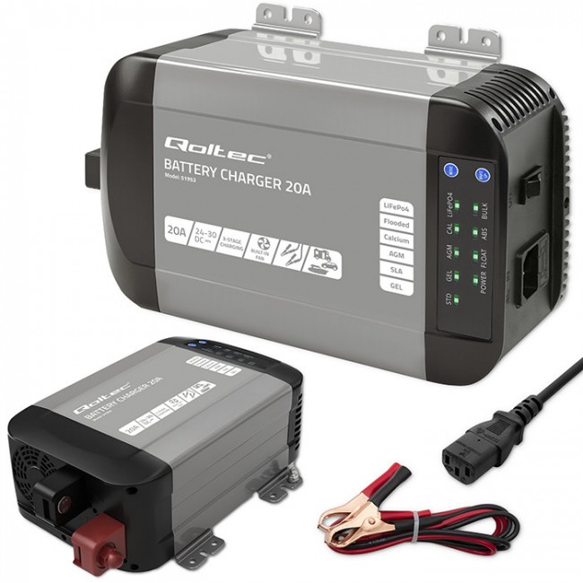 Qoltec Smart Monolith Battery Charger for LiFePO4 AGM GEL SLA batteries | 20A | 24V