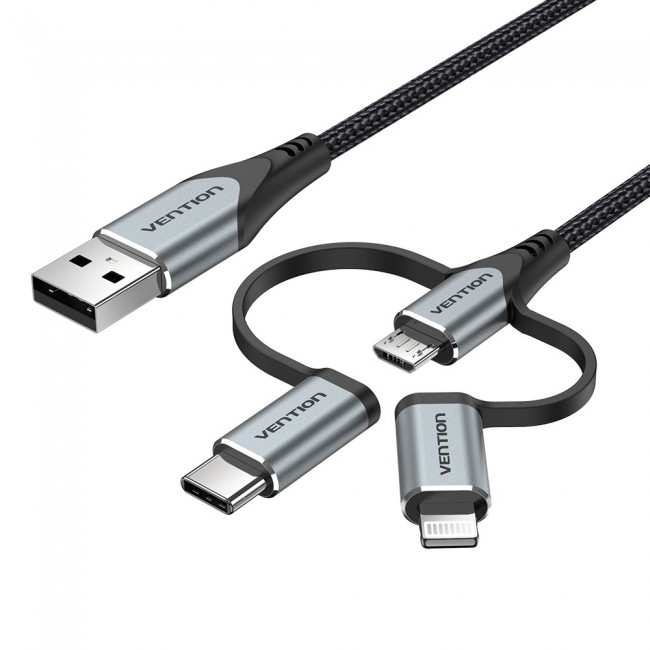 Vention USB 2.0 A Male to 3-in-1 Micro-B&USB-C&Lightning Male Cable 1M Gray Aluminum Alloy Type Vention USB 2.0 A Male to 3-in-1 Micro-B&USB-C&Lightning Male Cable 1M Gray Aluminum Alloy Type