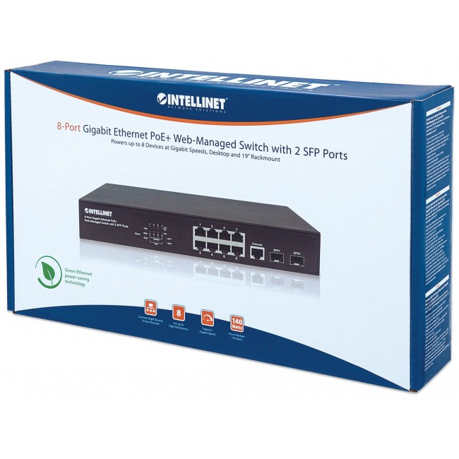 Intellinet 8-Port Gigabit Ethernet PoE+ Web-Managed Switch with 2 SFP Ports, IEEE 802.3at/af Power over Ethernet (PoE+/PoE) Compliant, 140 W, Endspan, Desktop, 19