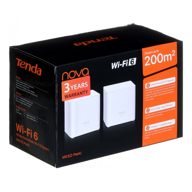 Tenda MX3 (2-PACK) mesh wi-fi system Dual-band (2.4 GHz / 5 GHz) Wi-Fi 6 (802.11ax) White 1 Internal