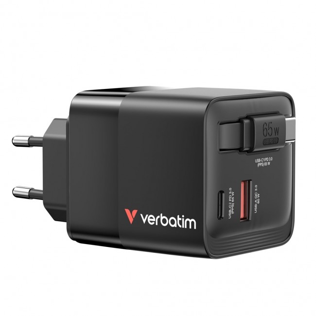 Verbatim GaN Charger 65W 2 Port retractable cable display US plugs with EU and UK adaptors