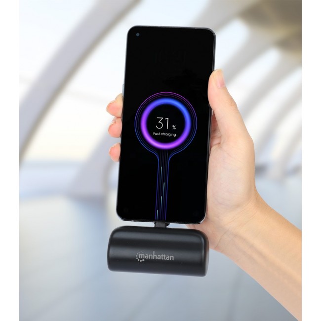 Manhattan Power Bank with integrated USB-C plug, 5000 mAh, Up to 20W output, Kickstand for Use as Charging Phone Holder, Black, One Year Warranty