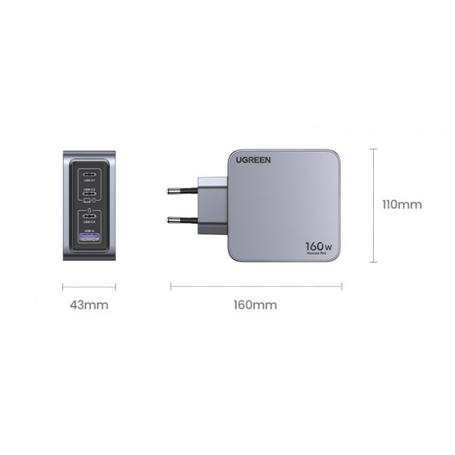 Ugreen Nexode Pro 160W GaN Charger with USB-C Cable Universal Black, Grey AC Fast charging Indoor