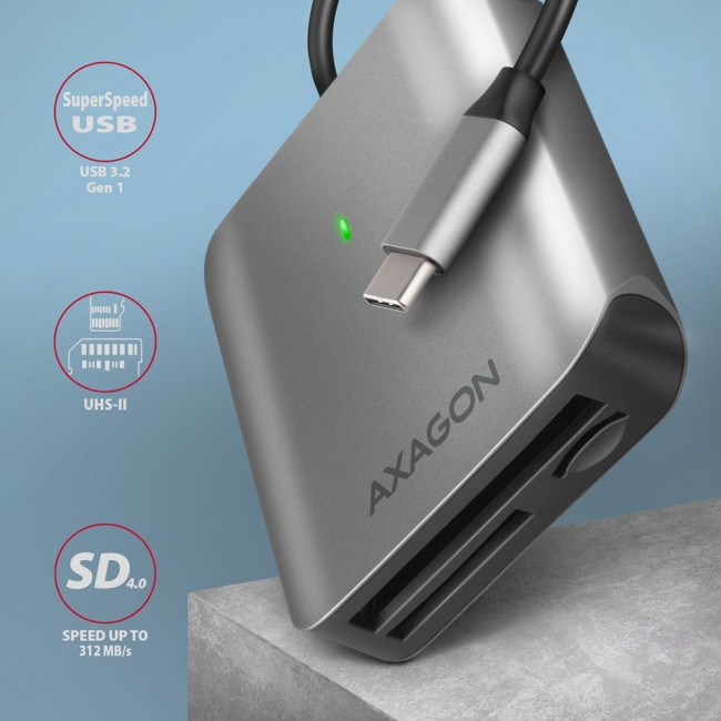 Axagon CRE-S3C Aluminum high-speed USB-C 3.2 Gen 1 memory card reader. 3 slots, UHS-II