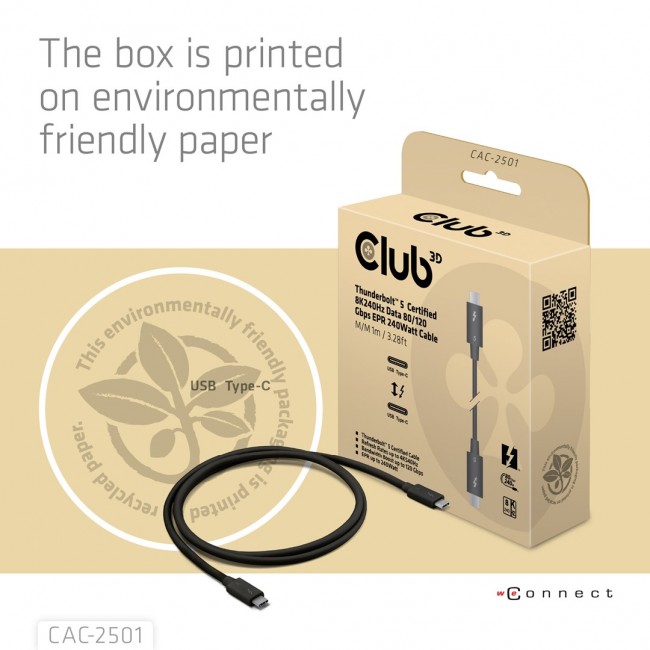 CLUB3D Thunderbolt 5 Certified 8K240Hz Data 80/120 Gbps EPR 240 Watt Cable M/M 1m / 3.28ft