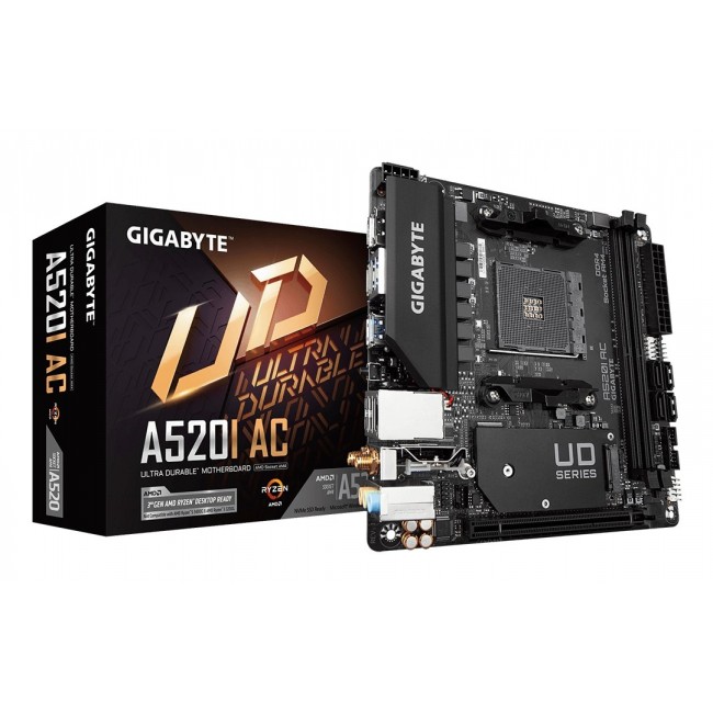 GIGABYTE A520I AC Motherboard - Supports AMD Ryzen 5000 Series AM4 CPUs, 6 Phases Digital VRM, up to 5300MHz DDR4 (OC), 1xPCIe 3.0 M.2, WIFI, GbE LAN, USB 3.2 Gen1 GIGABYTE A520I AC Motherboard - Supports AMD Ryzen 5000 Series AM4 CPUs, 6 Phases Digital VRM, up to 5300MHz DDR4 (OC), 1xPCIe 3.0 M.2, WIFI, GbE LAN, USB 3.2 Gen1