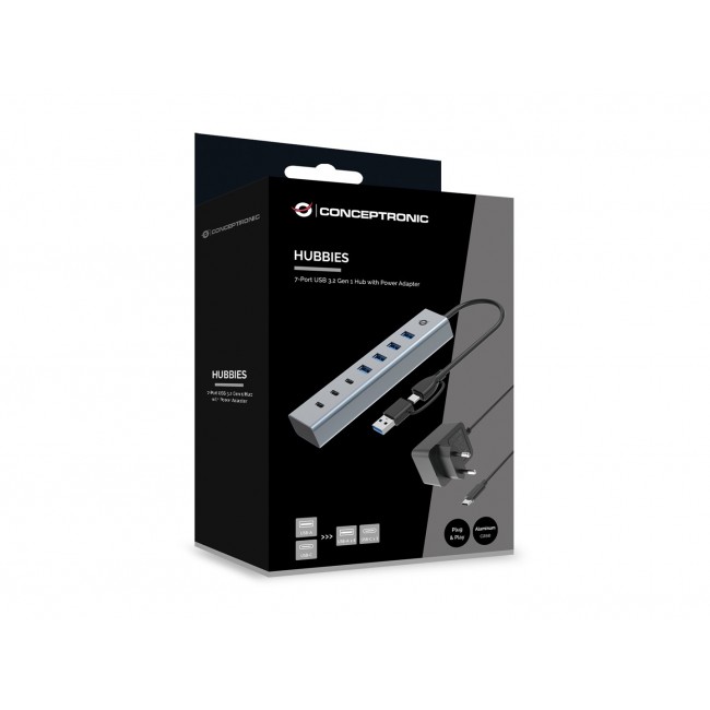 Conceptronic HUBBIES20GP 7-Port USB 3.0 Hub with Power Adapter, 5Gbps, USB-C x 3, USB-A x 4