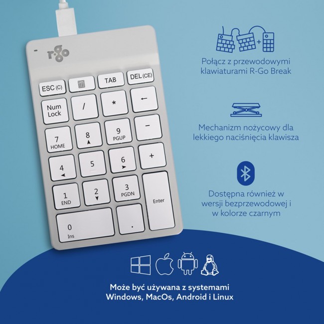 R-Go Tools Numeric keypad R-Go Numpad Break, ergonomic numeric keypad with break software, wired, white
