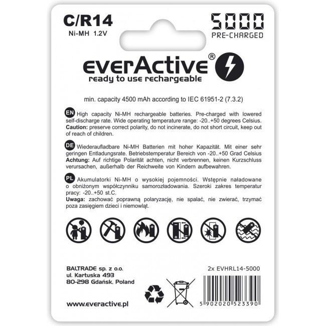 Rechargeable batteries everActive Ni-MH R14 C 5000 mAh Professional Line