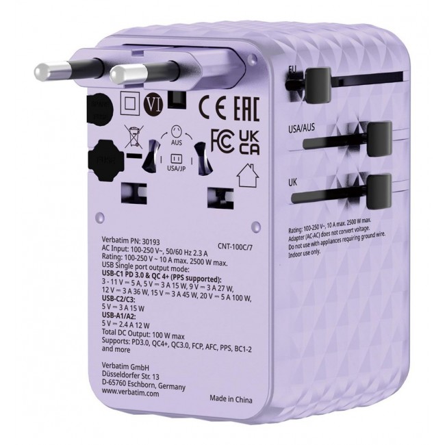 Verbatim Charge 'n' Travel 100W Universal Travel Adapter with retractable cable Purple