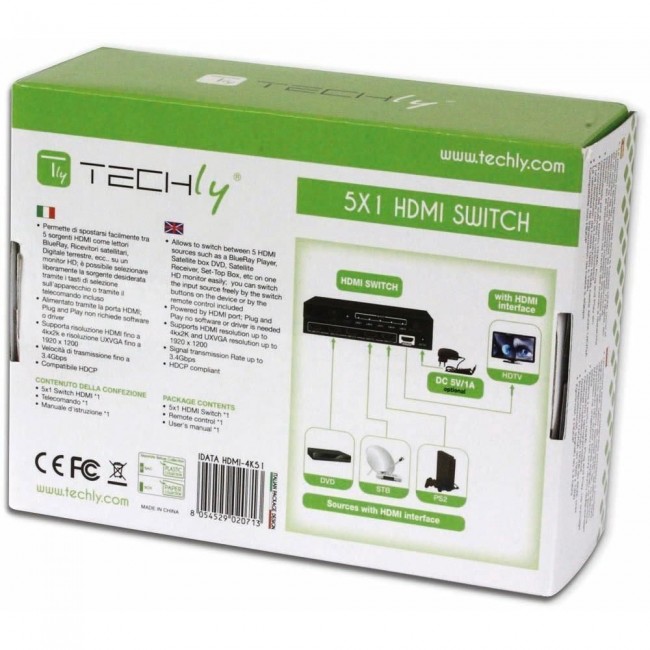 Techly 5 IN 1 OUT HDMI Switch with Remote Control, 4Kx2K, 3D IDATA HDMI-4K51 Techly 5 IN 1 OUT HDMI Switch with Remote Control, 4Kx2K, 3D IDATA HDMI-4K51