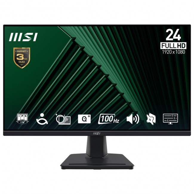 MSI Pro MP245G 24 Inch Monitor, FHD (1920 x 1080), 100Hz, IPS, 1ms, 1x HDMI 1.4b, 1x DP 1.2a output, 1x D-Sub(VGA), Built-in Speakers, Anti-Glare, Anti-Flicker, Less Blue light, T V Certified, VESA, Kensington, Black MSI Pro MP245G 24 Inch Monitor, FHD (1920 x 1080), 100Hz, IPS, 1ms, 1x HDMI 1.4b, 1x DP 1.2a output, 1x D-Sub(VGA), Built-in Speakers, Anti-Glare, Anti-Flicker, Less Blue light, T V Certified, VESA, Kensington, Black