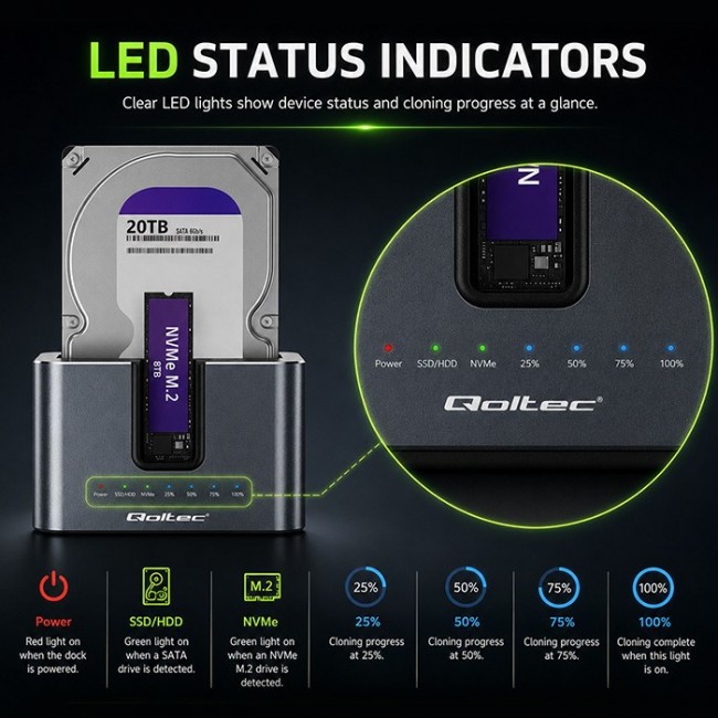 Qoltec 52631 HDD SSD doscking station | SATA | M.2 NVMe | cloning | USB-C | 10Gb/s | 28TB