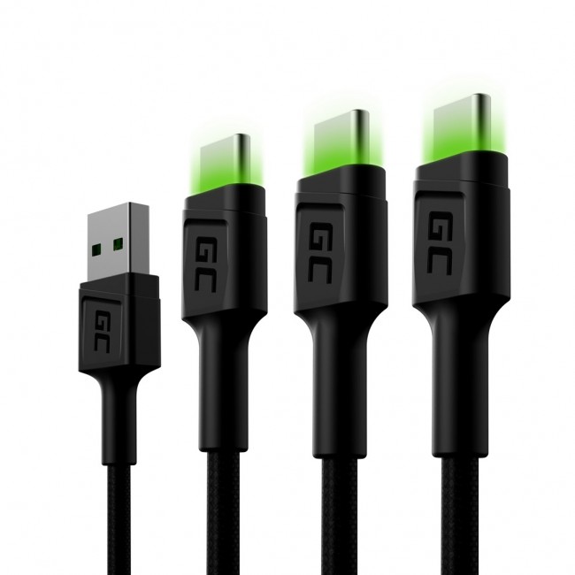 Green Cell Set 3x Ray USB-C 120cm Cable with green LED backlight, fast charging Ultra Charge, QC 3.0 Green Cell Set 3x Ray USB-C 120cm Cable with green LED backlight, fast charging Ultra Charge, QC 3.0