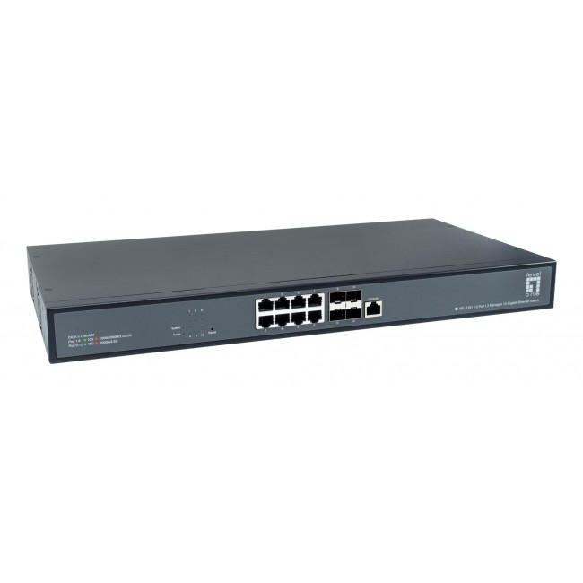 LevelOne 12-Port L3 Managed 10-Gigabit Switch, 8 x 1G/2.5G/5G/10G RJ45, 4 x 1G/2.5G/10G SFP+ Uplinks, 240Gbps Non-Blocking Fabric, 19-Inch Rackmount