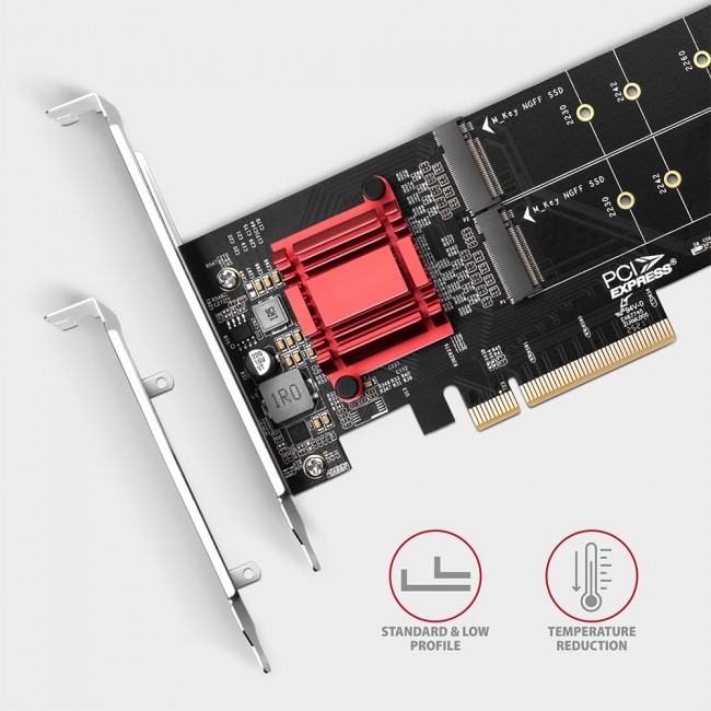 Axagon PCEM2-ND PCIe x8 - dual M.2 NVMe M-key slot adapter, RAID, dataswitch, w. SP & LP