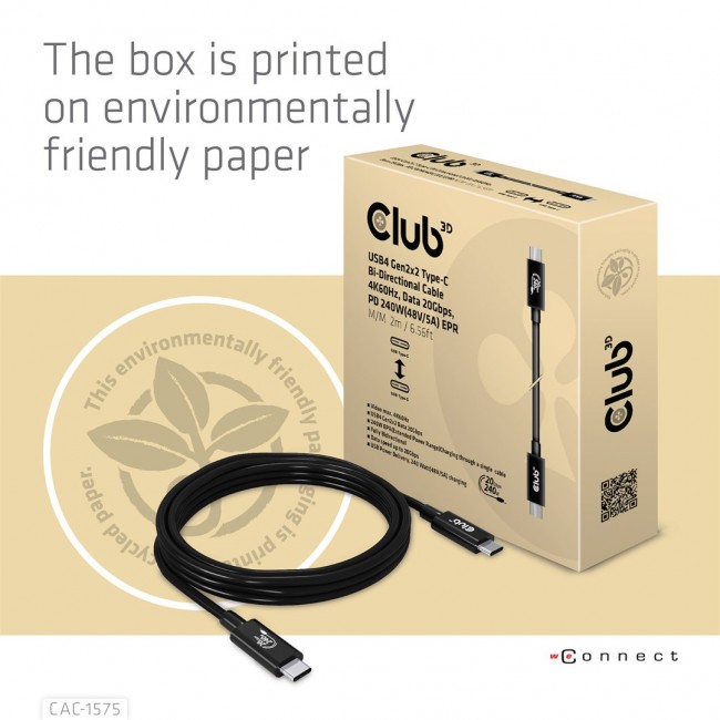 CLUB3D USB4 Gen2x2 Type-C Bi-Directional Cable 4K60Hz, Data 20Gbps, PD 240W(48V/5A) EPR M/M 2m