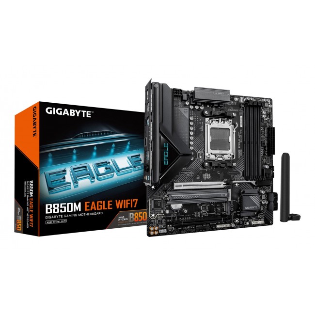 GIGABYTE B850M EAGLE WIFI7 Motherboard - AMD Ryzen 9000 Series CPUs, 8+2+2 Phases Digital VRM, up to 8200MHz DDR5 (O.C.), 1xPCIe 5.0 + 1xPCIe 4.0 M.2, WIFI 7, 2.5 GbE LAN, USB 3.2 Gen 2