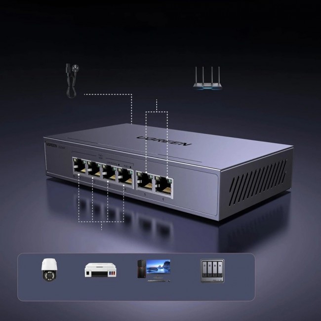 Ugreen 6-port Ethernet switch 1 Gbps with PoE - grey