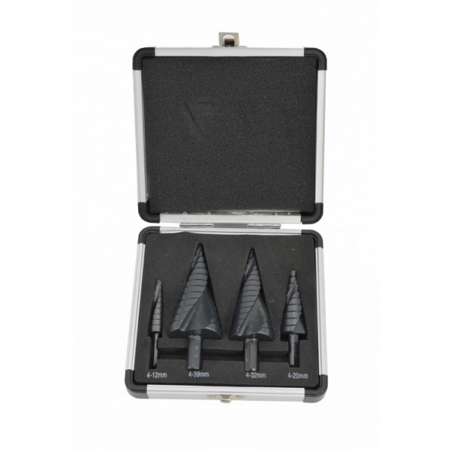 AW STEP TWIST DRILL BIT SET. 4pcs/ 4-12 4-20 4-32 4-39mm/ AICrN/ BLACK/ PLASTIC CASE