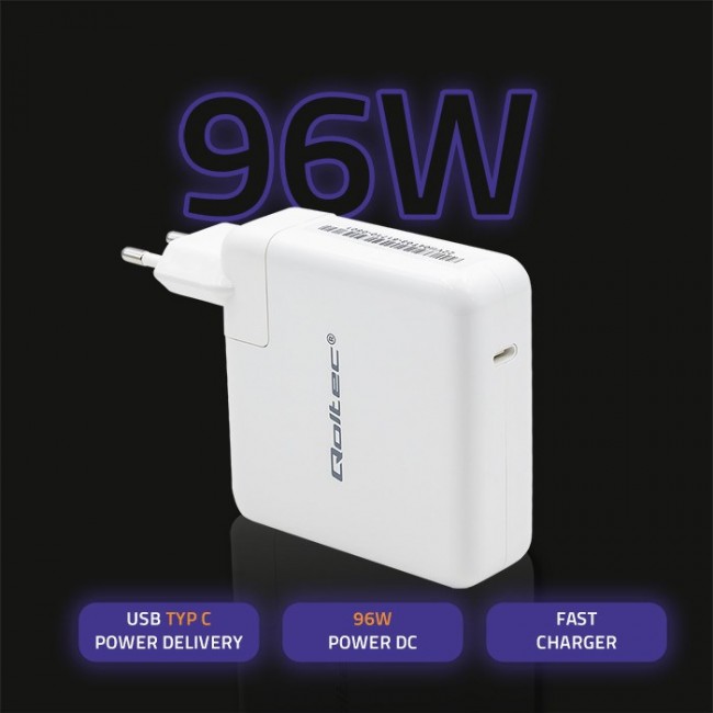 Qoltec 96W FAST Wall Charger | 5-20V | 3- 4.7A | USB C PD | Laptop | Smartphone | White