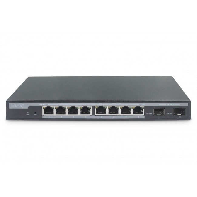 Digitus 8-Port Gigabit PoE Networkswitch, Desktop, L2 managed, 2 Uplinkports, SFP, 86 W, af/at