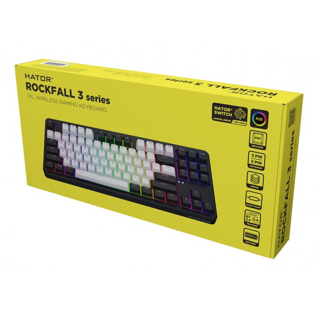 HATOR Rockfall 3 TKL Wireless, black, QMK/VIA, OMA profile white-black keycaps Keyboard - linear mechanical hotswap switches - US - ANSI Layout (HTK850)