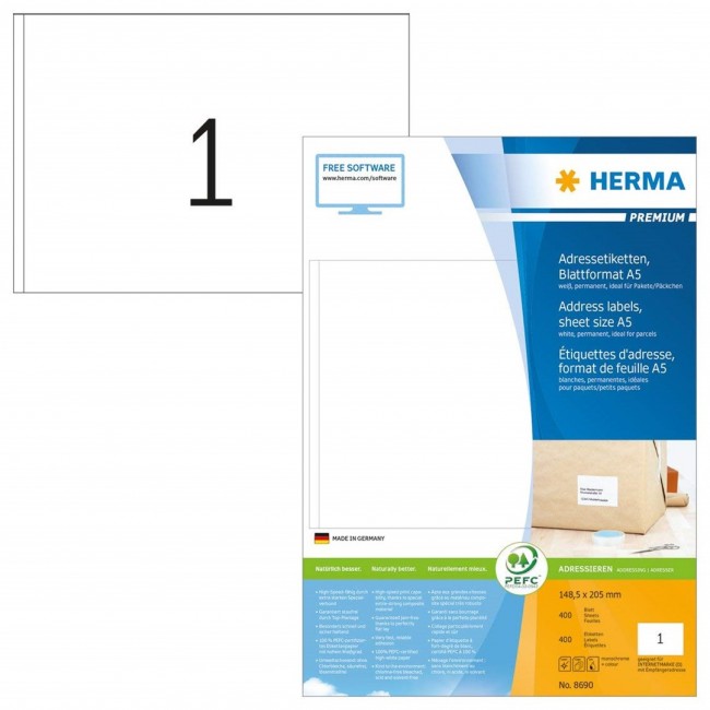 HERMA Address labels Premium sheetsize A5 148.5x205 mm white paper matt 400 pcs. HERMA Address labels Premium sheetsize A5 148.5x205 mm white paper matt 400 pcs.